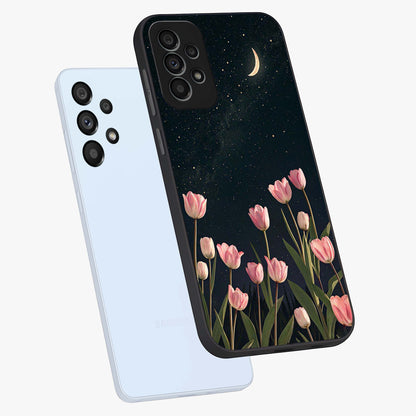 Midnight Tulip Whispers Vibe Glass Case displayed in angled mockup highlighting delicate tulip design with midnight floral aesthetic.