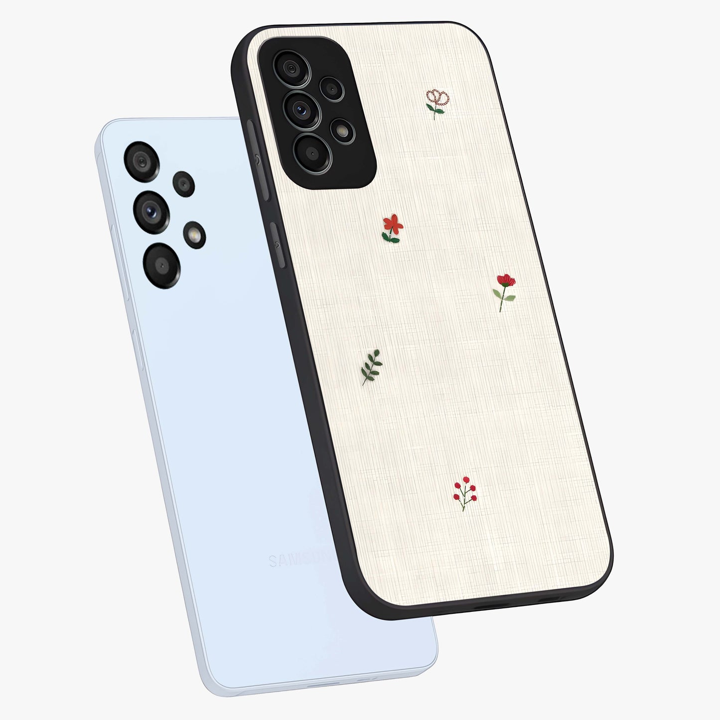 Minimalistic Blue With White Flower Pattern Glass Case displayed in angled mockup highlighting simple floral design with minimal aesthetic.