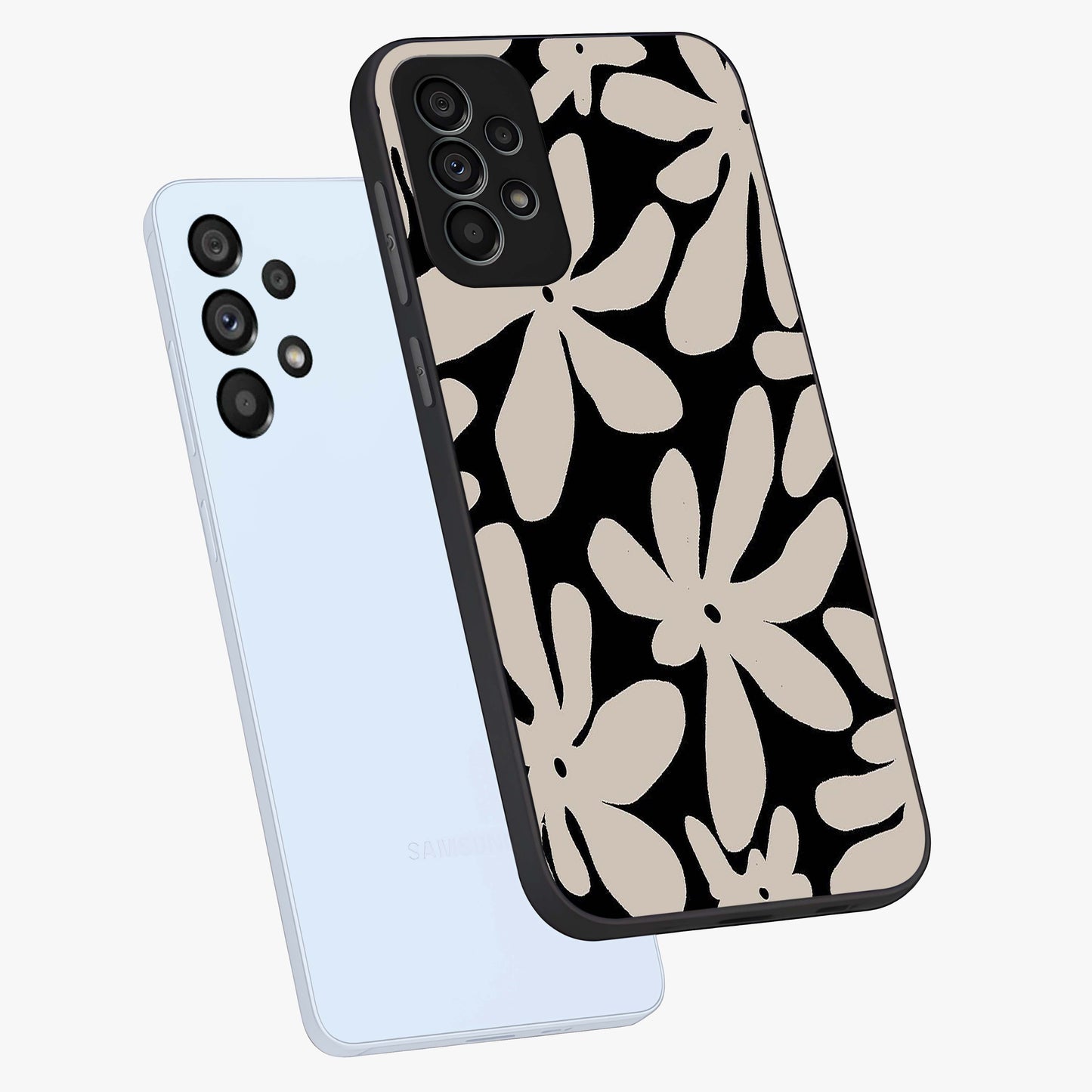 Monochrome Petal Dance Glass Case displayed in angled mockup highlighting elegant petal design with black and white aesthetic.