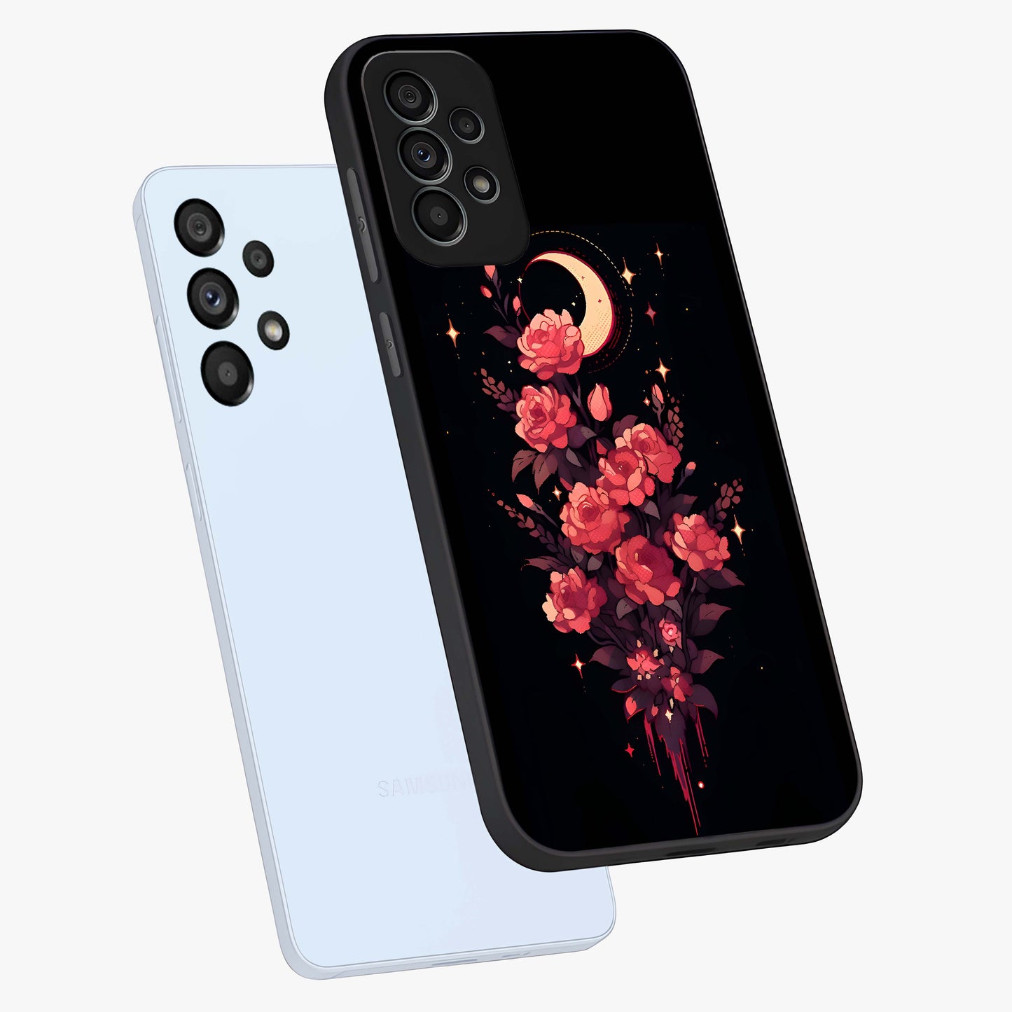 Moonlit Floral Elegance Glass Case displayed in angled mockup highlighting graceful flower design with soft moonlight aesthetic.