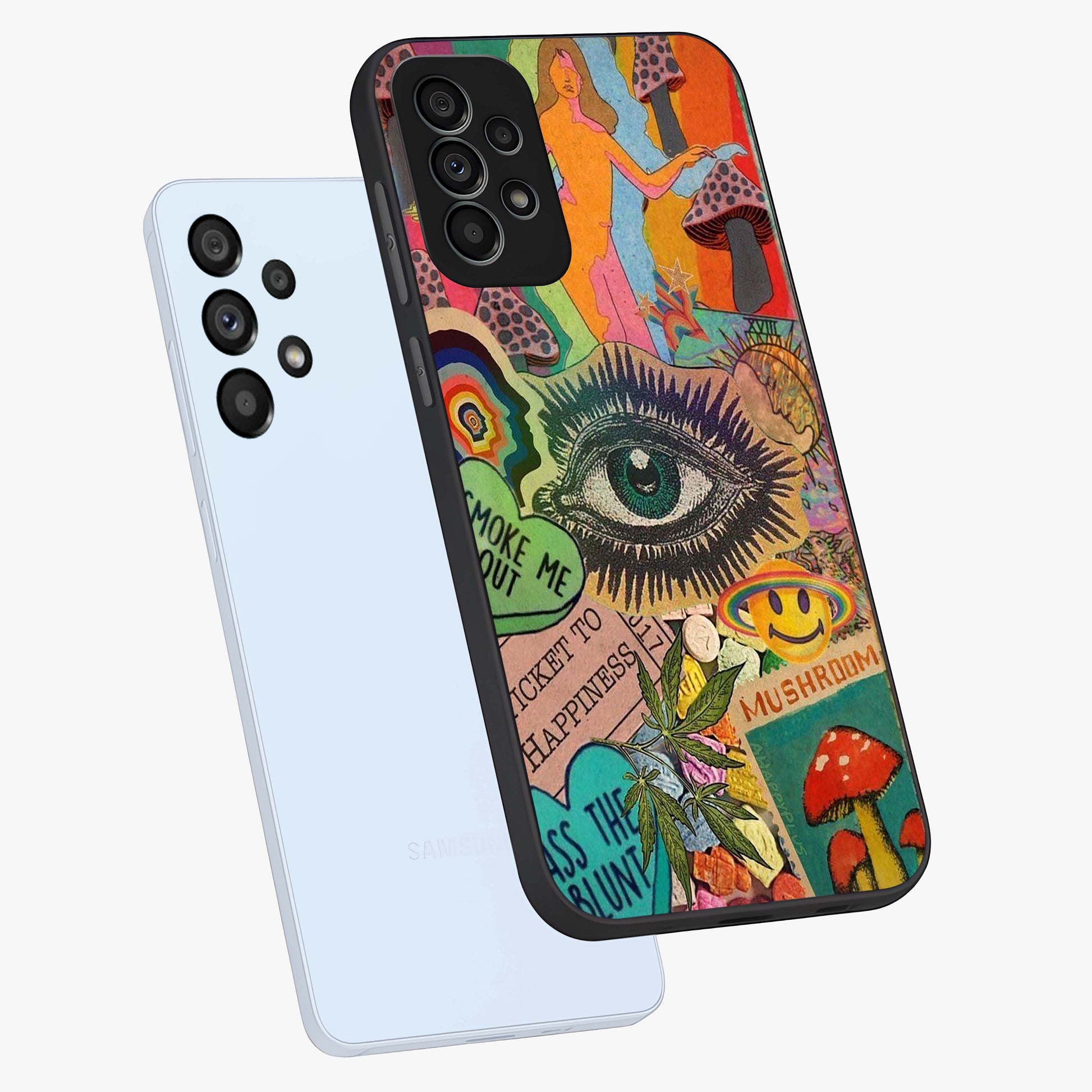 Mystic Eye Wonderland Glass Case displayed in angled mockup highlighting magical eye illustration with dreamy aesthetic.