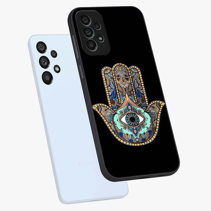 Mystic Hamsa Eye Glass Case displayed in angled mockup highlighting spiritual hamsa symbol with mystical aesthetic style.