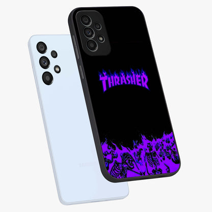 Neon Flame Riot Glass Case displayed in angled mockup highlighting glowing flame design with vibrant neon aesthetic.