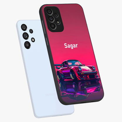 Neon Pink Porsche Glass Case displayed in angled mockup highlighting sleek neon pink car design with racing aesthetic.