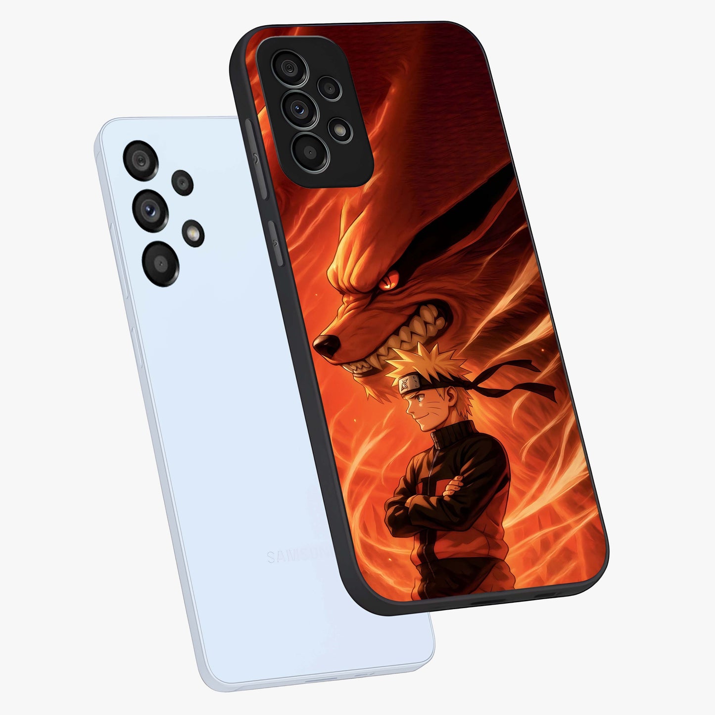 Nine Tails Legacy Glass Case displayed in angled mockup highlighting dynamic anime beast illustration with bold mystical aesthetic.