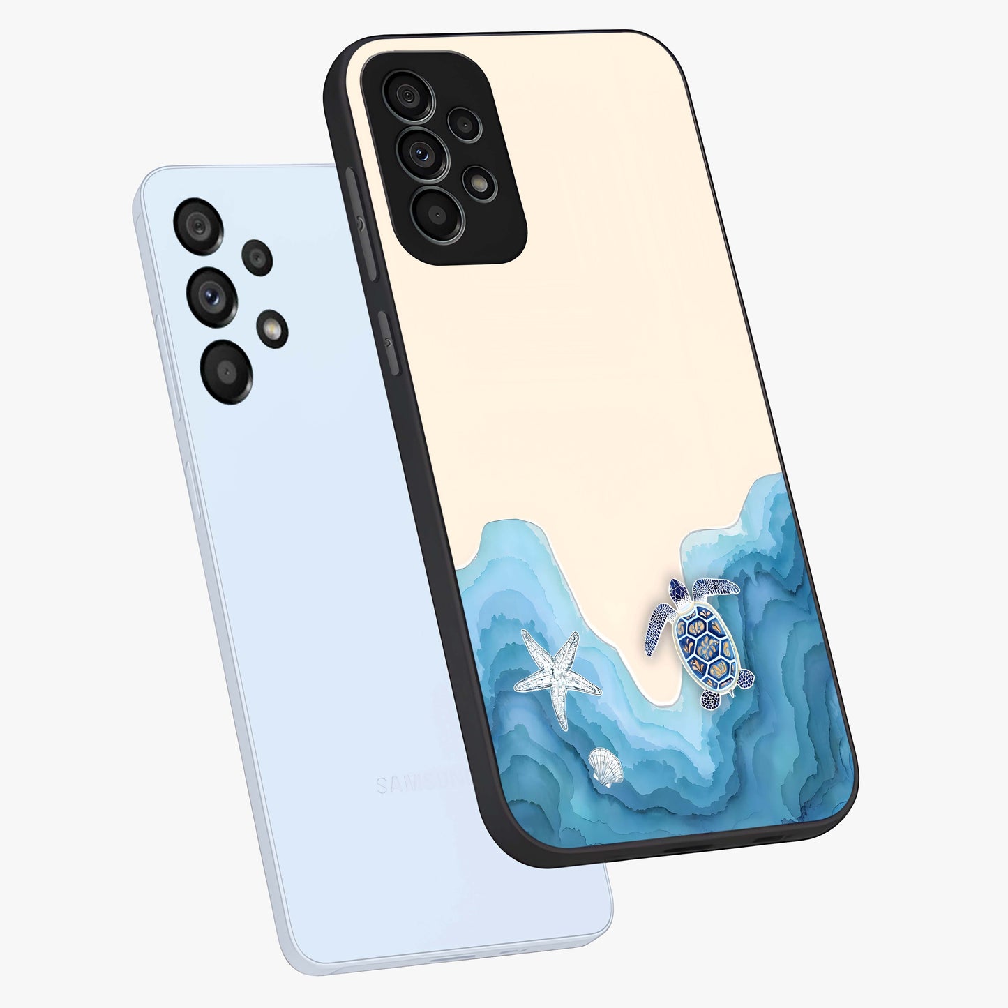 Ocean Drift Turtle Glass Case displayed in angled mockup highlighting peaceful ocean turtle illustration with marine aesthetic.