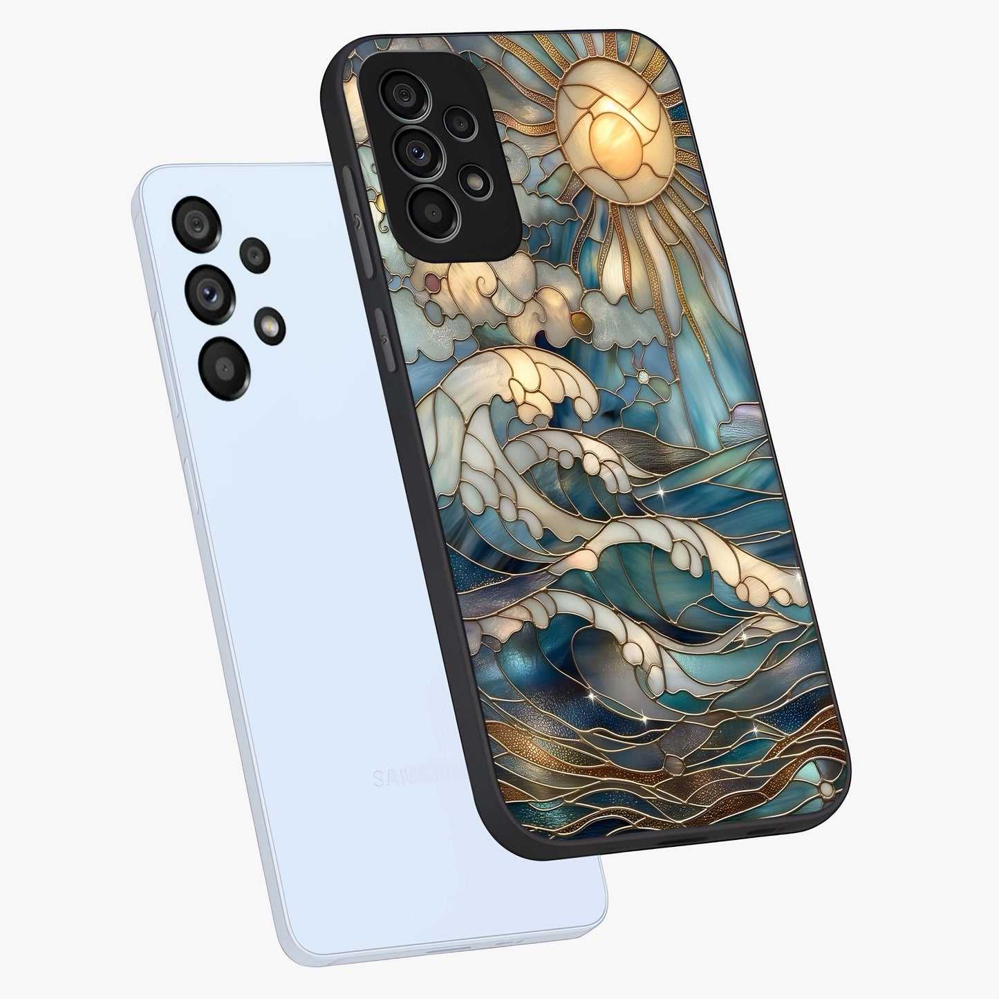 Oceanic Stained Printed Glass Case displayed in angled mockup highlighting colorful aquatic design with artistic aesthetic style.