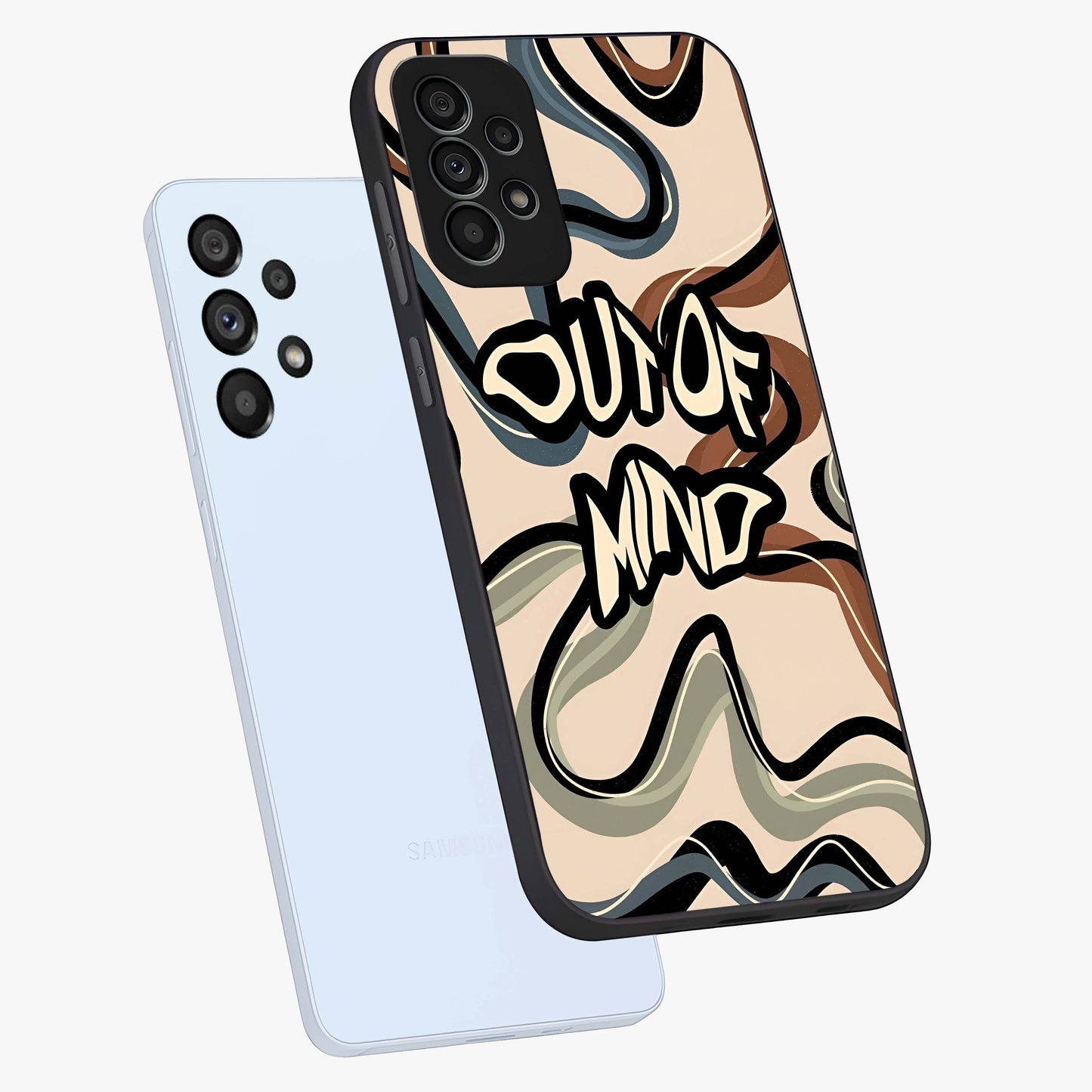 Out Of Mind Glass Case displayed in angled mockup highlighting bold statement design with modern artistic aesthetic.