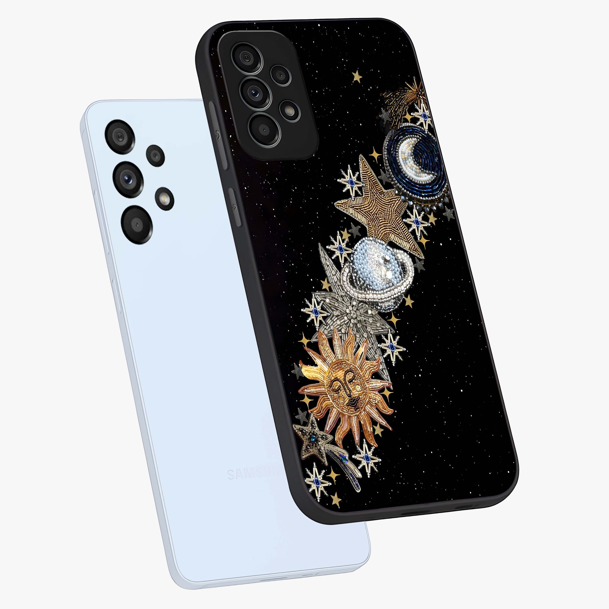 Pearls Universe Object Glass Case displayed in angled mockup highlighting celestial pearl design with dreamy aesthetic.