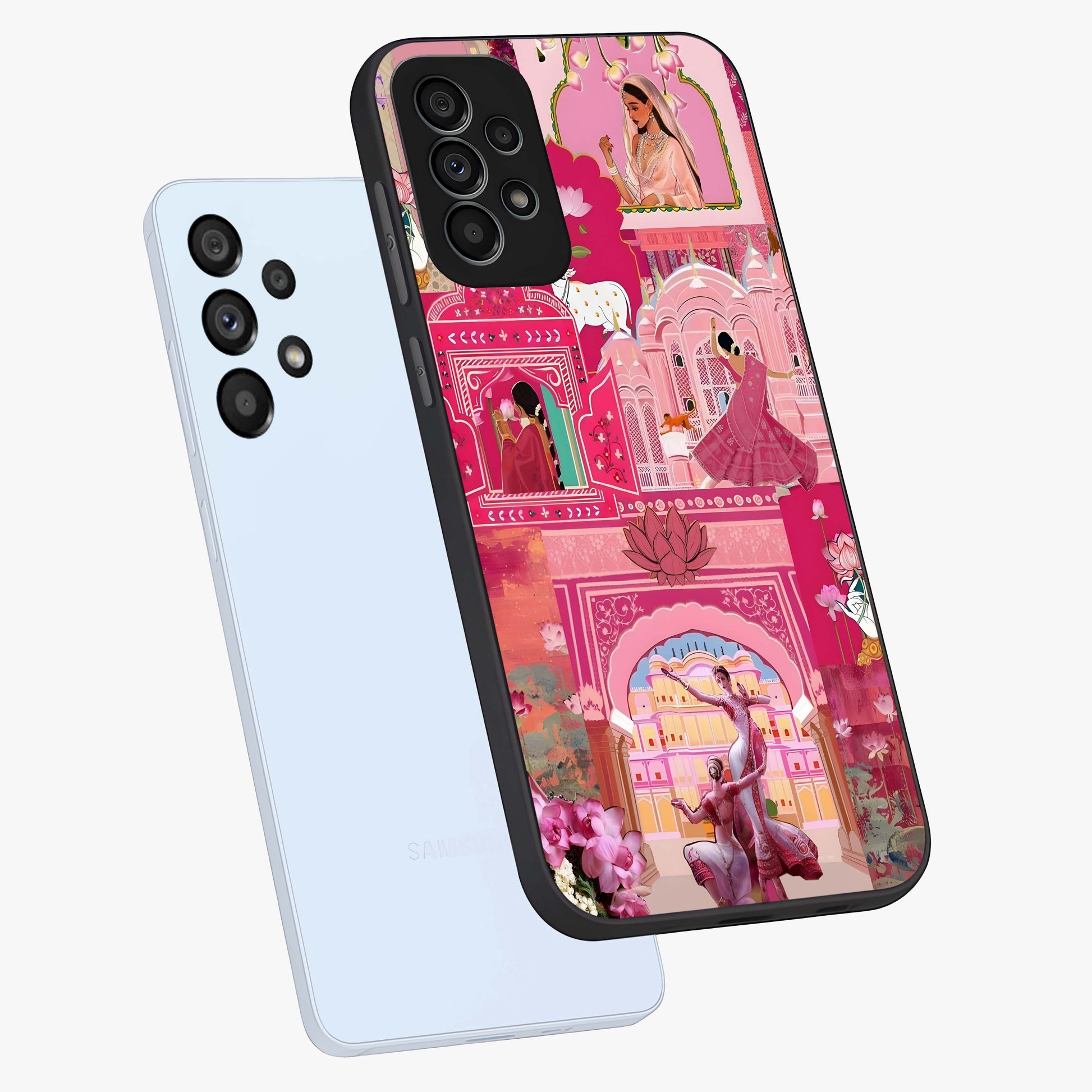 Pink Palace Muse Glass Case displayed in angled mockup highlighting dreamy palace illustration with soft pink aesthetic.