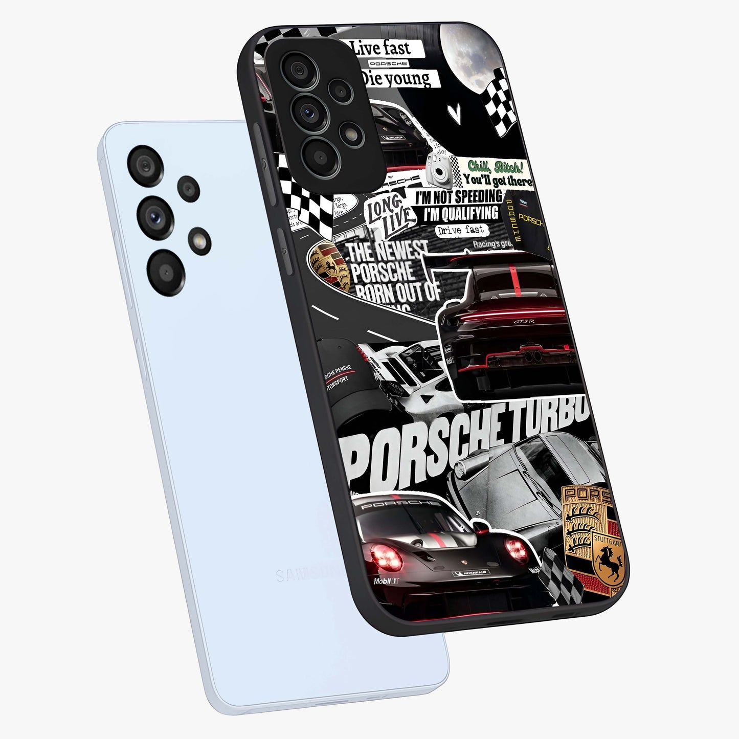 Porsche Racing Collage Glass Case displayed in angled mockup highlighting dynamic automotive design with bold racing aesthetic.