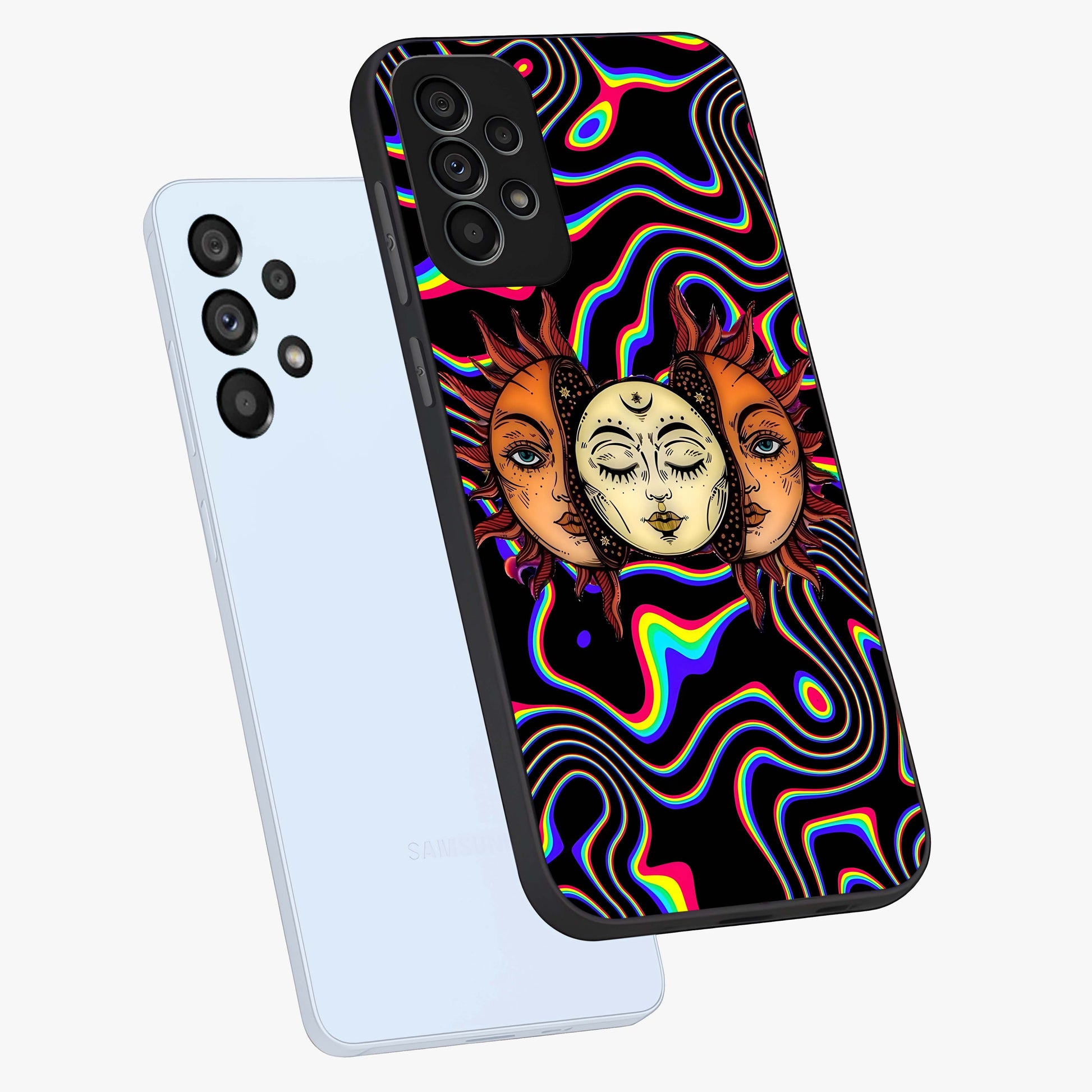 Psychedelic Sun Glass Case displayed in angled mockup highlighting vibrant abstract sun design with artistic aesthetic style.