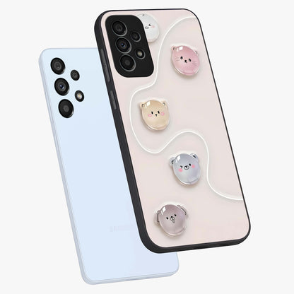 Puffy Face Parade Glass Case displayed in angled mockup highlighting playful cartoon face design with fun aesthetic.