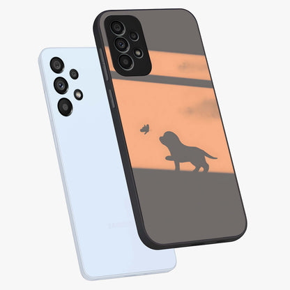 Puppy Shadow Art Glass Case displayed in angled mockup highlighting playful dog illustration with artistic shadow aesthetic.