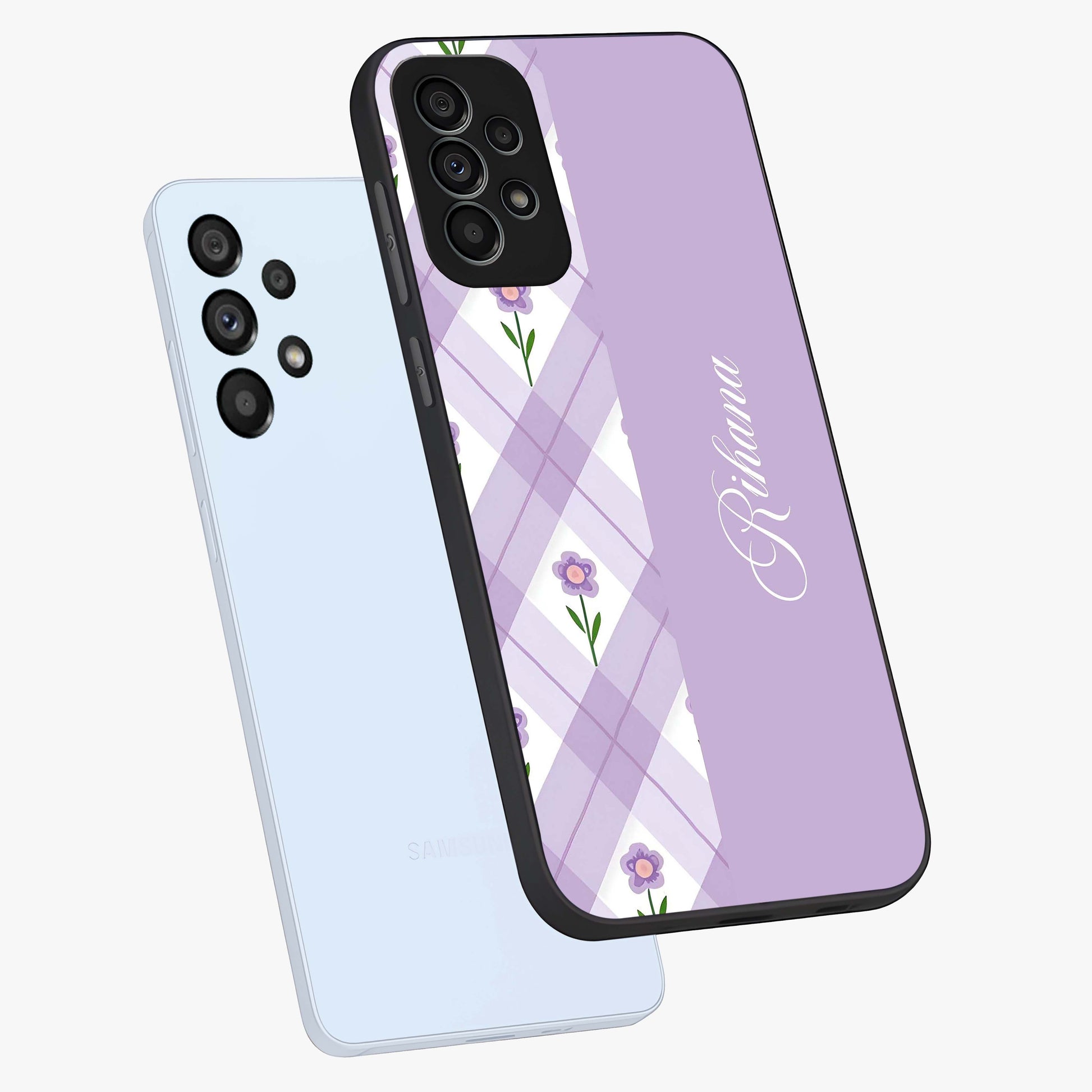 Purple Diamond Floral Glass Case displayed in angled mockup highlighting elegant purple flower design with decorative pattern.