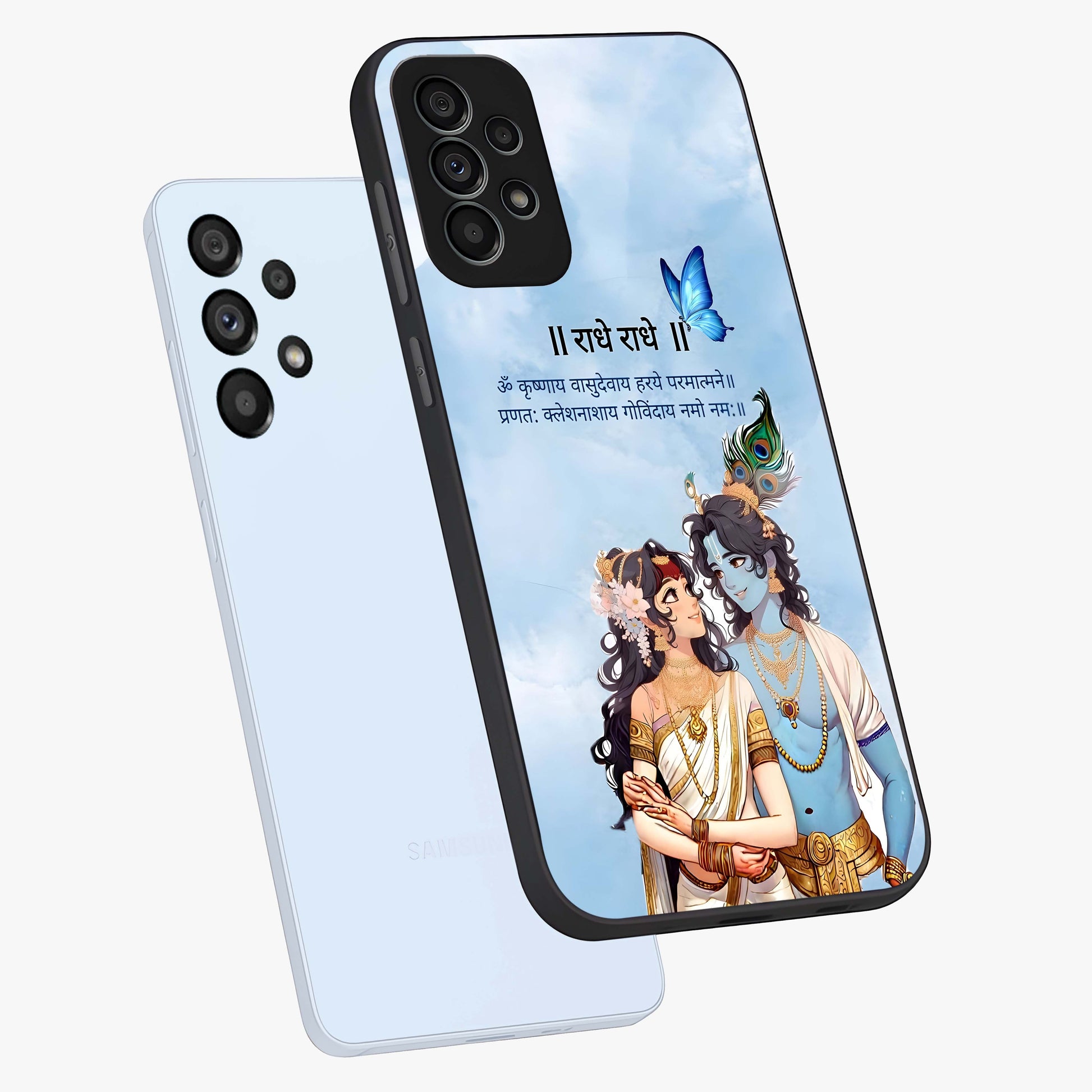 Radha Krishna Eternal Glass Case displayed in angled mockup highlighting divine Radha Krishna illustration with spiritual aesthetic.