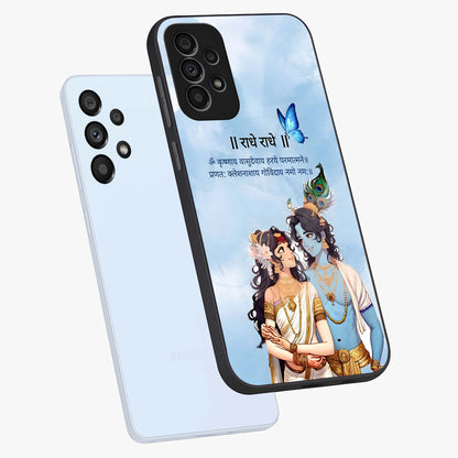 Radha Krishna Eternal Glass Case displayed in angled mockup highlighting divine Radha Krishna illustration with spiritual aesthetic.
