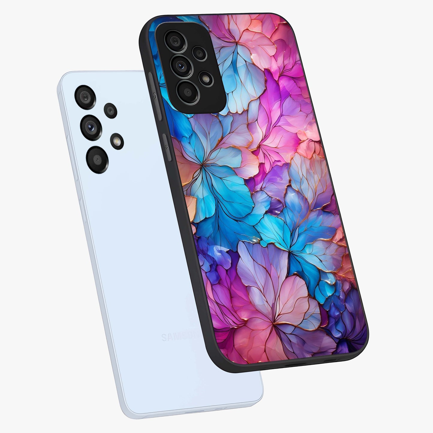 Radiant Floral Whirl Glass Case displayed in angled mockup highlighting vibrant flower pattern with dynamic artistic aesthetic.