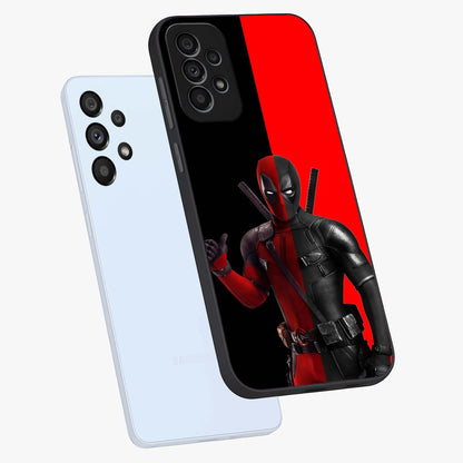 Red & Black Deadpool Theme Glass Case displayed in angled mockup highlighting vibrant superhero style illustration with action aesthetic.