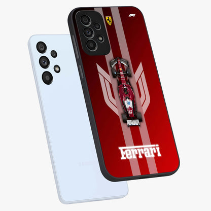 Red Ferrari F1 Vertical Glass Case displayed in angled mockup highlighting high speed racing design with bold automotive aesthetic.