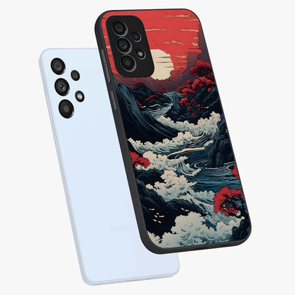 Red Sunset Scenery Glass Case displayed in angled mockup highlighting glowing sunset sky design with scenic aesthetic.
