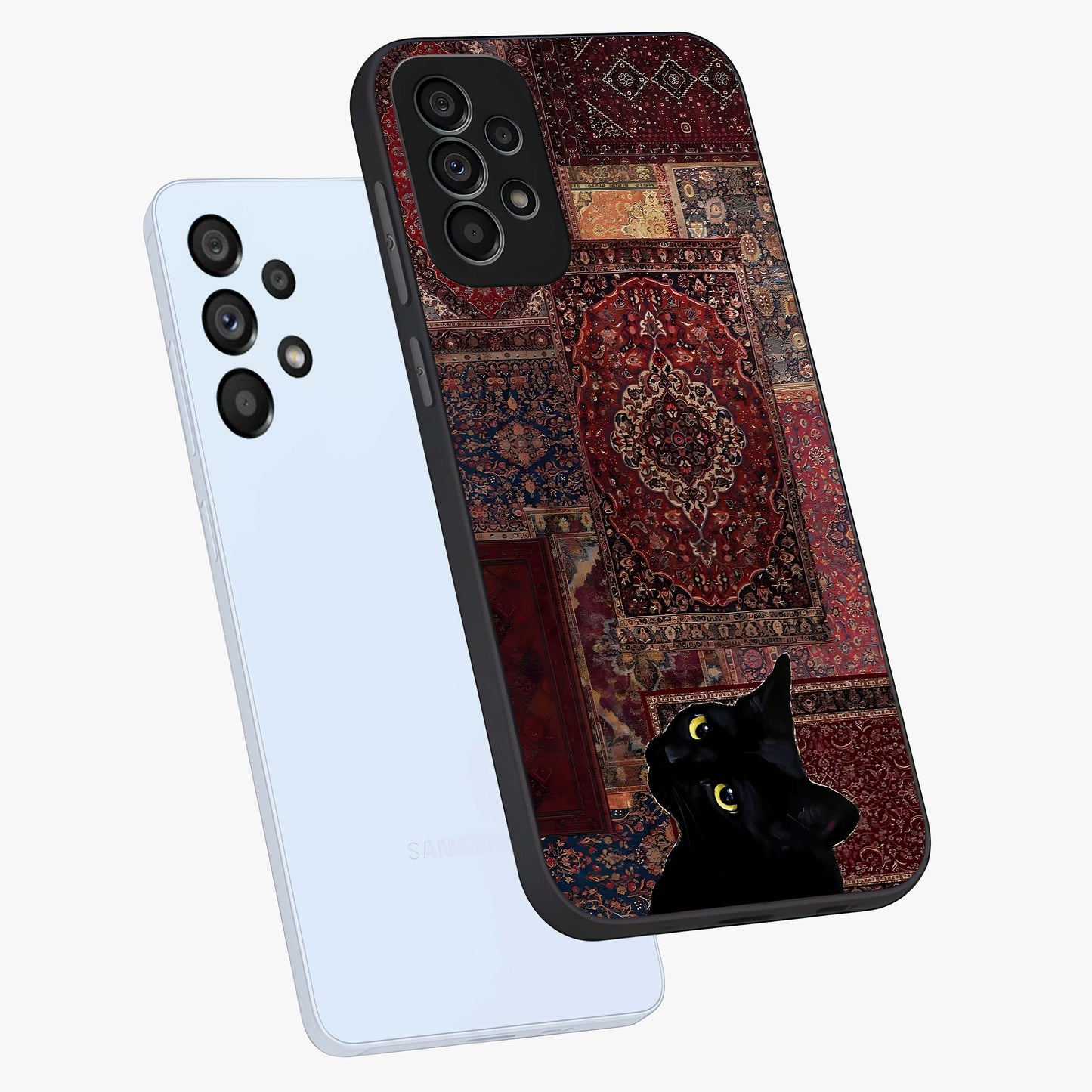 Regal Magic Cat Apple Glass Case displayed in angled mockup highlighting whimsical feline design with fantasy aesthetic.