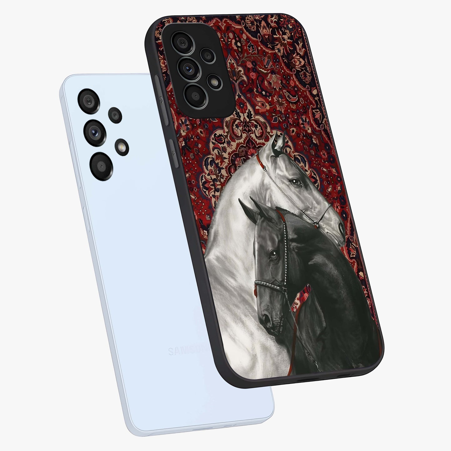Regal Stallion Tapestry Glass Case displayed in angled mockup highlighting royal stallion design with decorative heritage aesthetic.