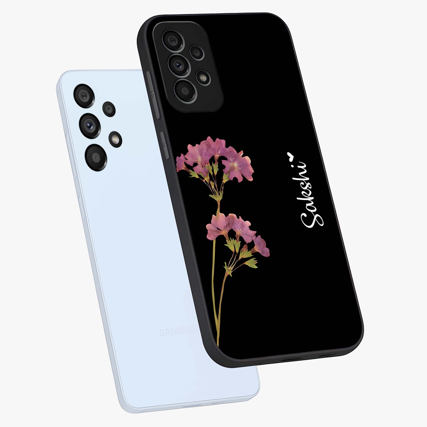 Riching Lavender Flower Custom Name Glass Case displayed in angled mockup highlighting delicate lavender flower design with custom name feature.