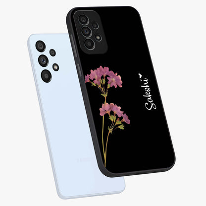 Riching Lavender Flower Custom Name Glass Case displayed in angled mockup highlighting delicate lavender flower design with custom name feature.