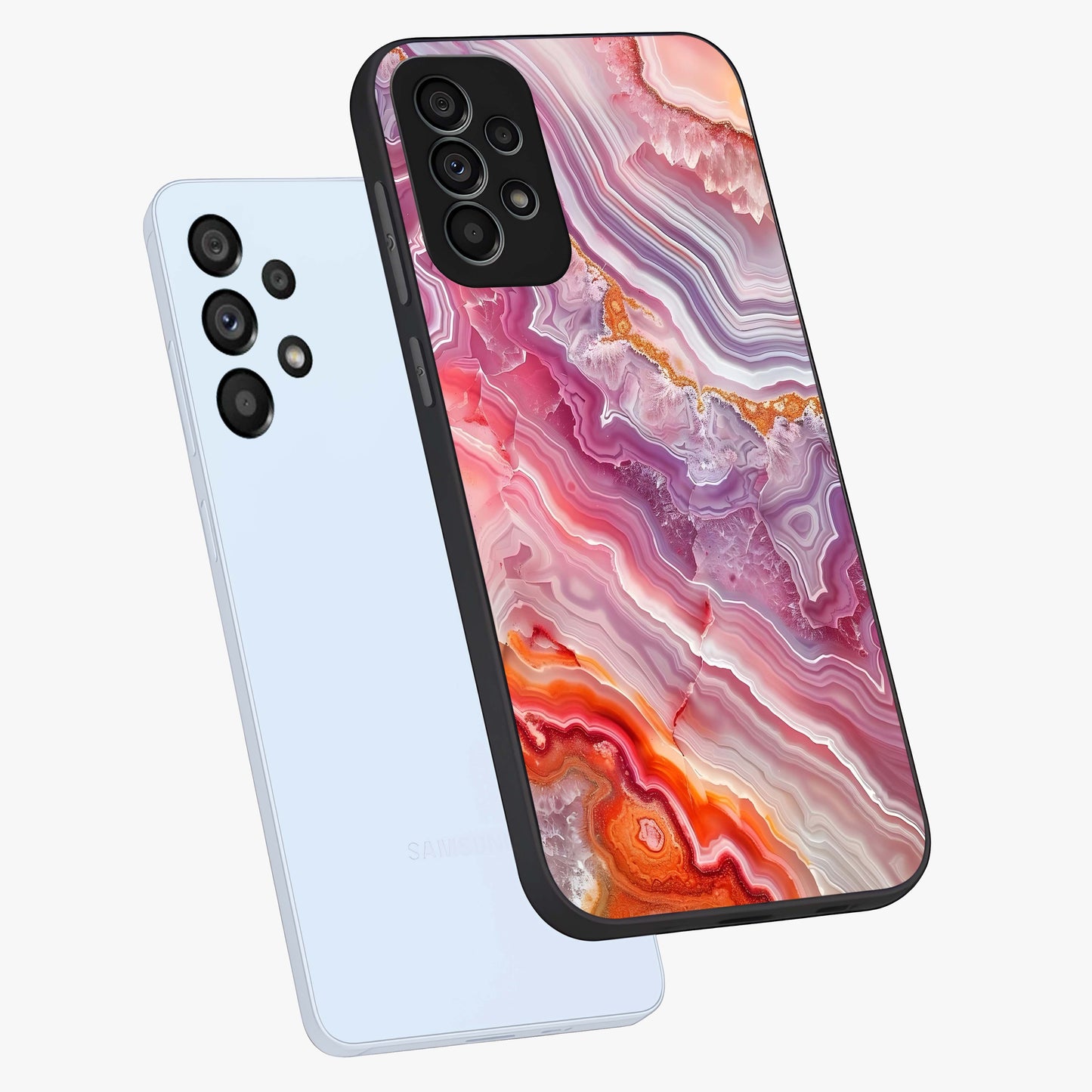 Rose Quartz Marble Glass Case displayed in angled mockup highlighting elegant marble pattern with soft aesthetic style.
