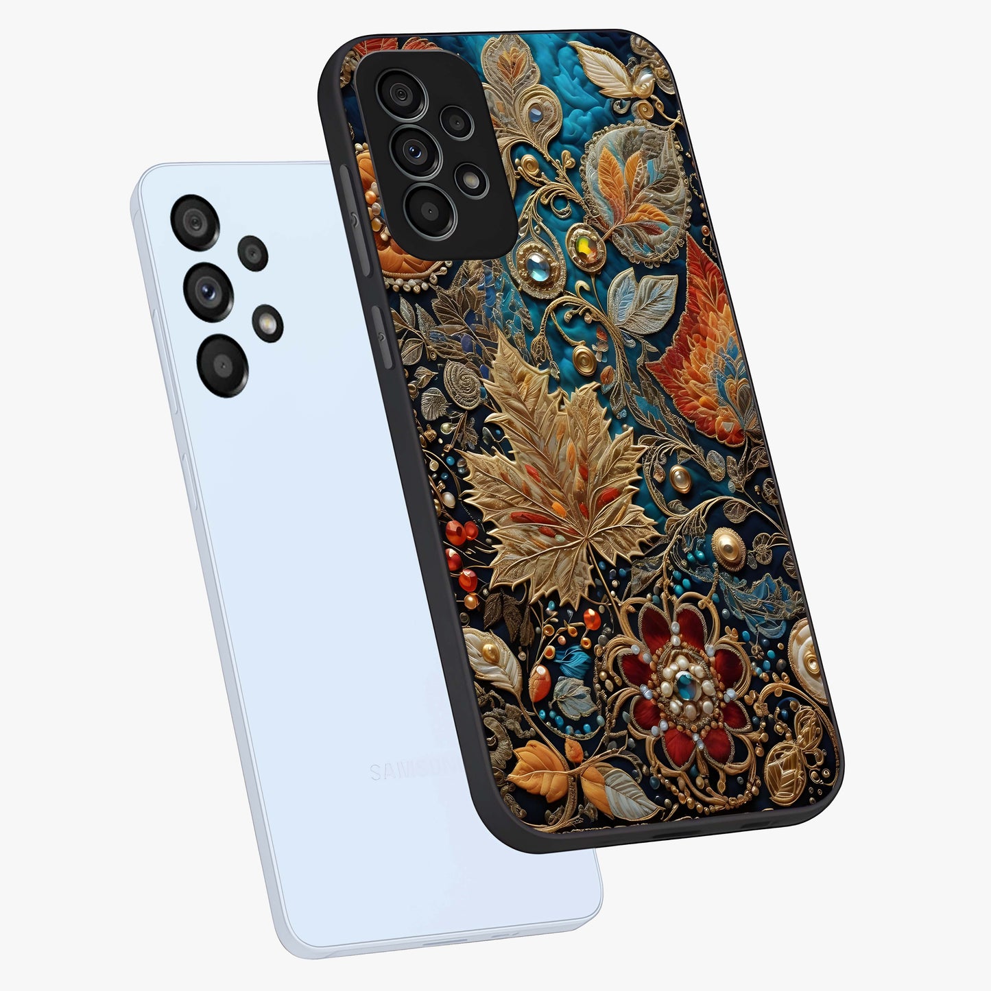 Royal Jewel Garden Glass Case displayed in angled mockup highlighting vibrant jewel inspired floral design with elegant aesthetic.