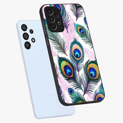 Royal Peacock Feathers Glass Case displayed in angled mockup highlighting vibrant feather pattern with regal aesthetic style.