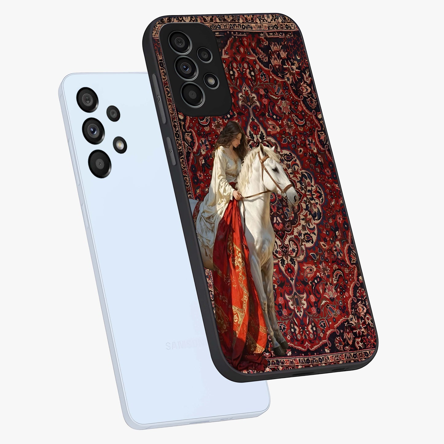 Royal Rider Tapestry Glass Case displayed in angled mockup highlighting traditional tapestry design with royal heritage aesthetic.