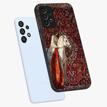 Royal Rider Tapestry Glass Case displayed in angled mockup highlighting traditional tapestry design with royal heritage aesthetic.