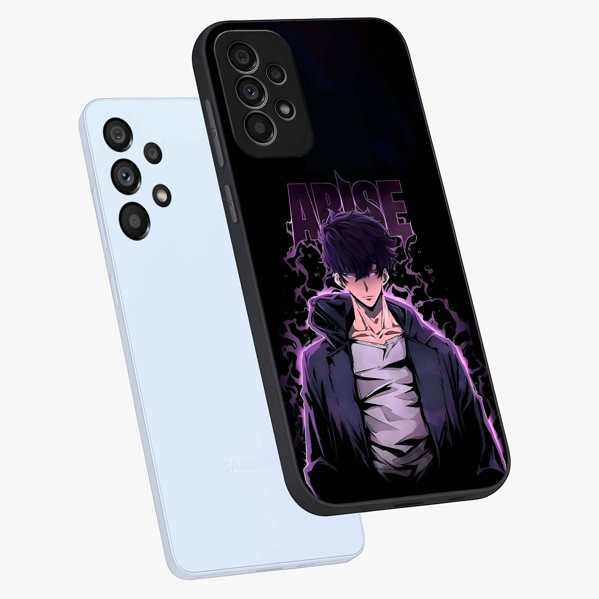 Shadow Monarch Awakening Glass Case displayed in angled mockup highlighting dramatic shadow warrior design with fantasy aesthetic.