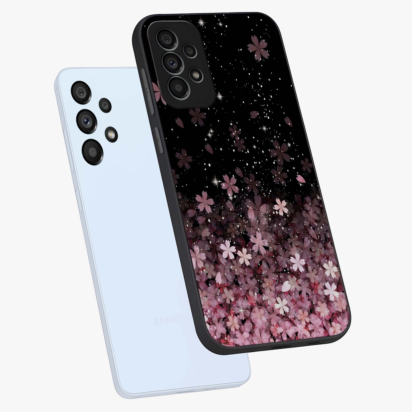 Small Starry Flowers Glass Case displayed in angled mockup highlighting tiny flower pattern with celestial aesthetic style.