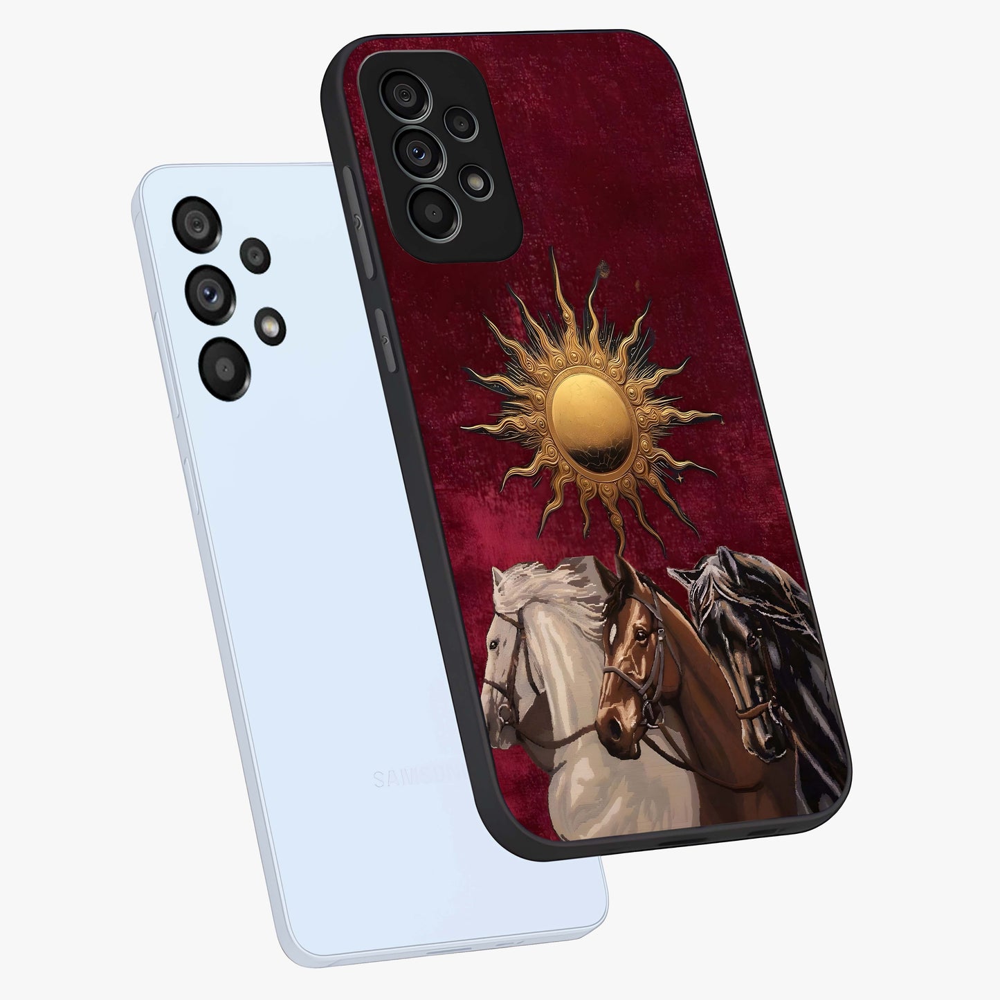 Solar Riders Glass Case displayed in angled mockup highlighting powerful rider illustration with radiant solar aesthetic.