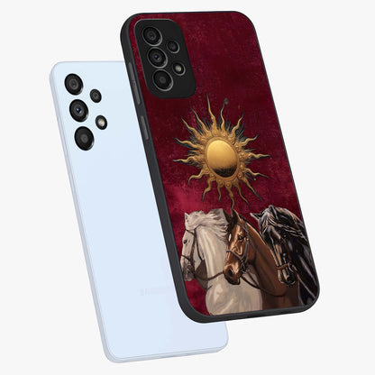 Solar Riders Glass Case displayed in angled mockup highlighting powerful rider illustration with radiant solar aesthetic.