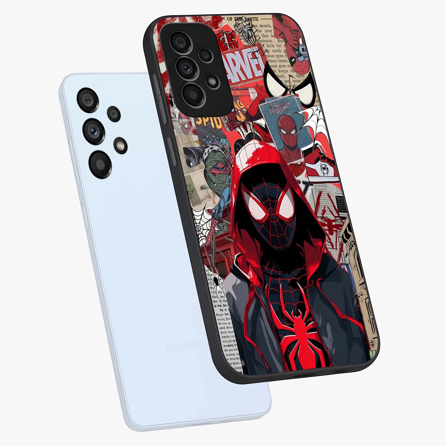 Spider Collage Street Glass Case displayed in angled mockup highlighting dynamic street style collage design with comic aesthetic.