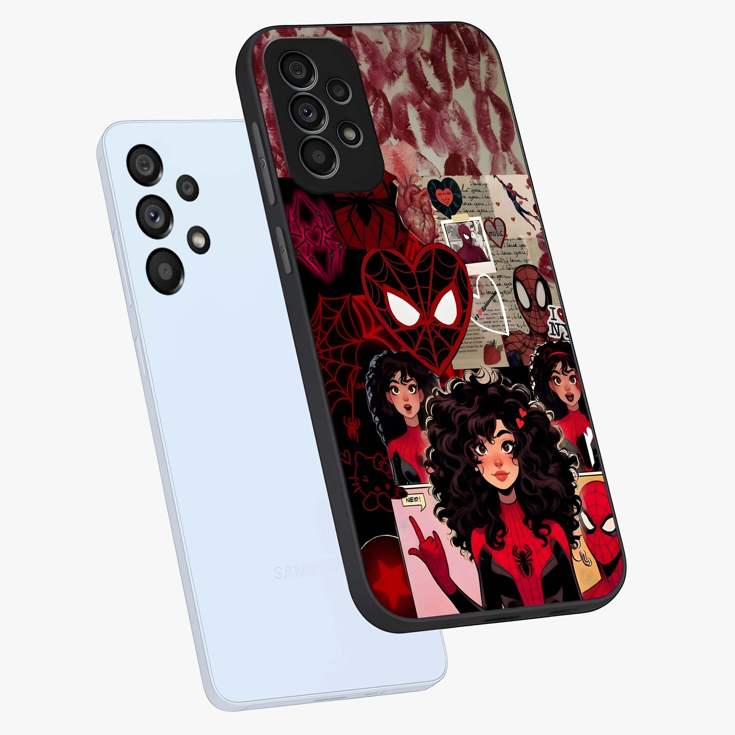 Spider Love Story Glass Case displayed in angled mockup highlighting expressive comic inspired design with playful aesthetic.