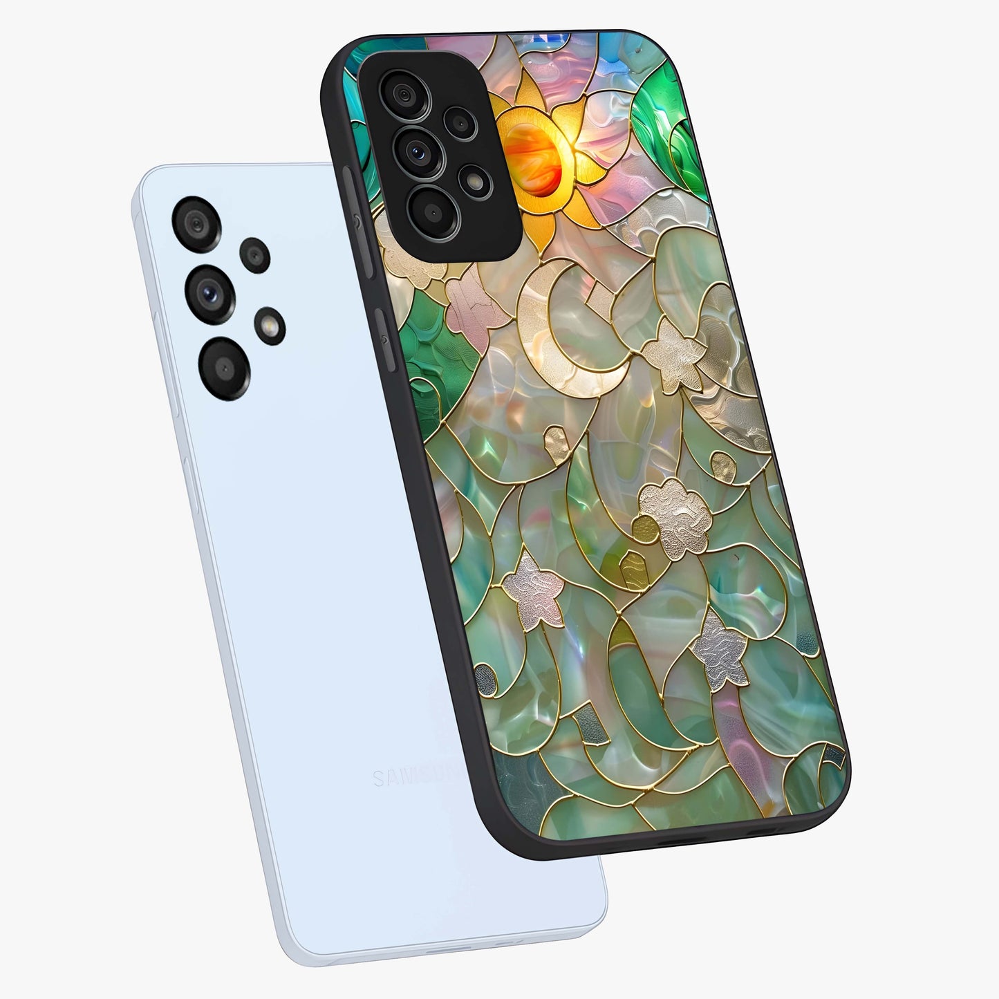 Stained Sunrise Glow Glass Case displayed in angled mockup highlighting radiant sunrise design with artistic aesthetic style.