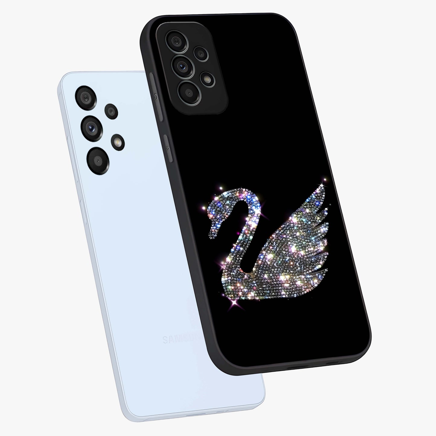Starlit Swan Grace Glass Case displayed in angled mockup highlighting elegant swan illustration with dreamy celestial aesthetic.