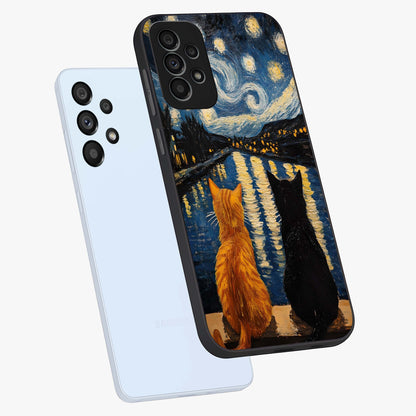 Starry River Cats Glass Case displayed in angled mockup highlighting charming feline illustration with dreamy night aesthetic.