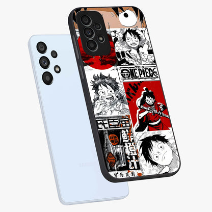 Strawhat Chaos Panels Glass Case displayed in angled mockup highlighting vibrant anime collage design with action aesthetic.