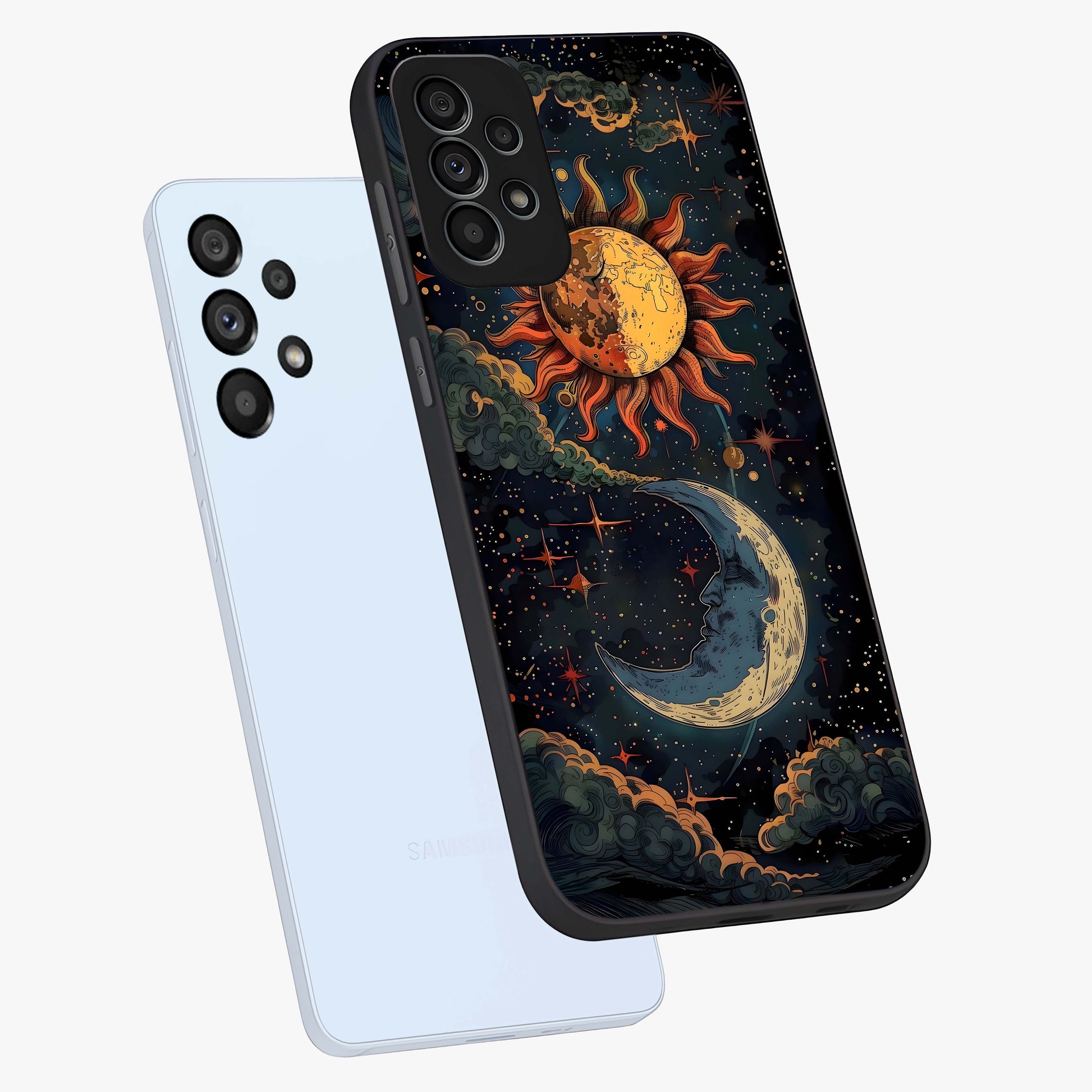 Sun And Moon Magic Design Glass Case displayed in angled mockup highlighting celestial design with magical cosmic aesthetic.