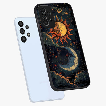 Sun And Moon Magic Design Glass Case displayed in angled mockup highlighting celestial design with magical cosmic aesthetic.
