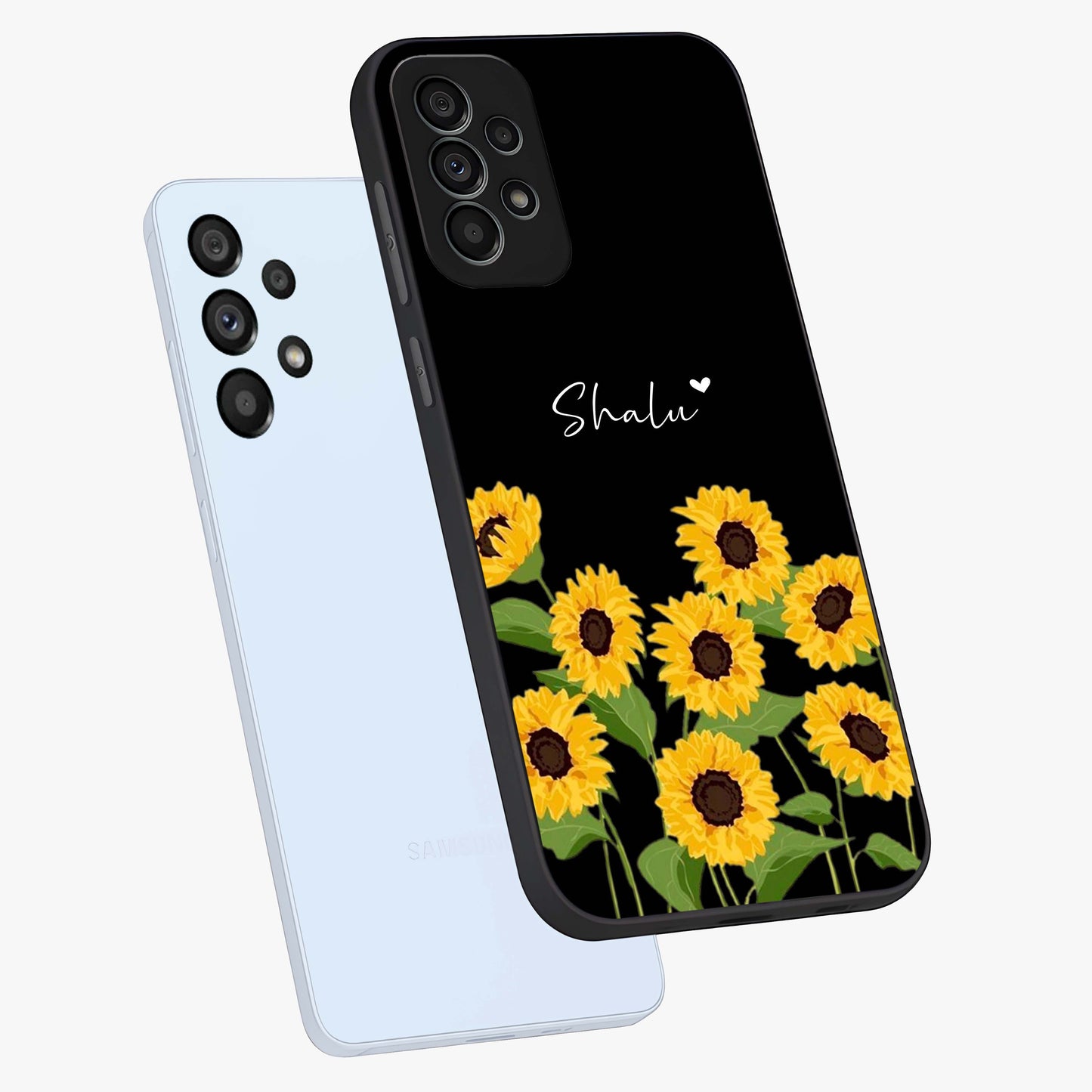 Sunflower Chic Mood Custom Name Glass Case displayed in angled mockup highlighting vibrant sunflower design with custom name feature.