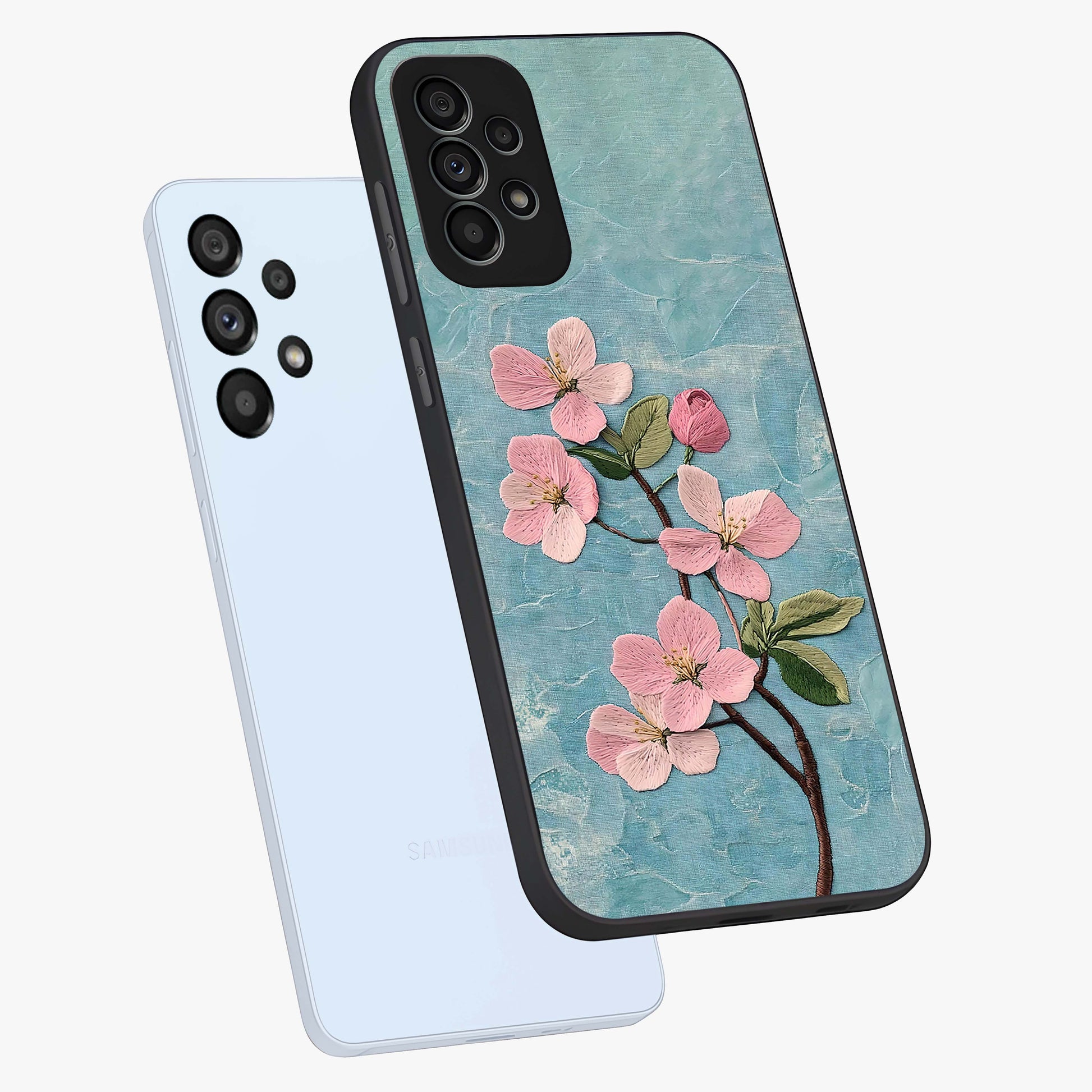 Threaded Blossom Breeze Glass Case displayed in angled mockup highlighting elegant floral design with soft aesthetic style.