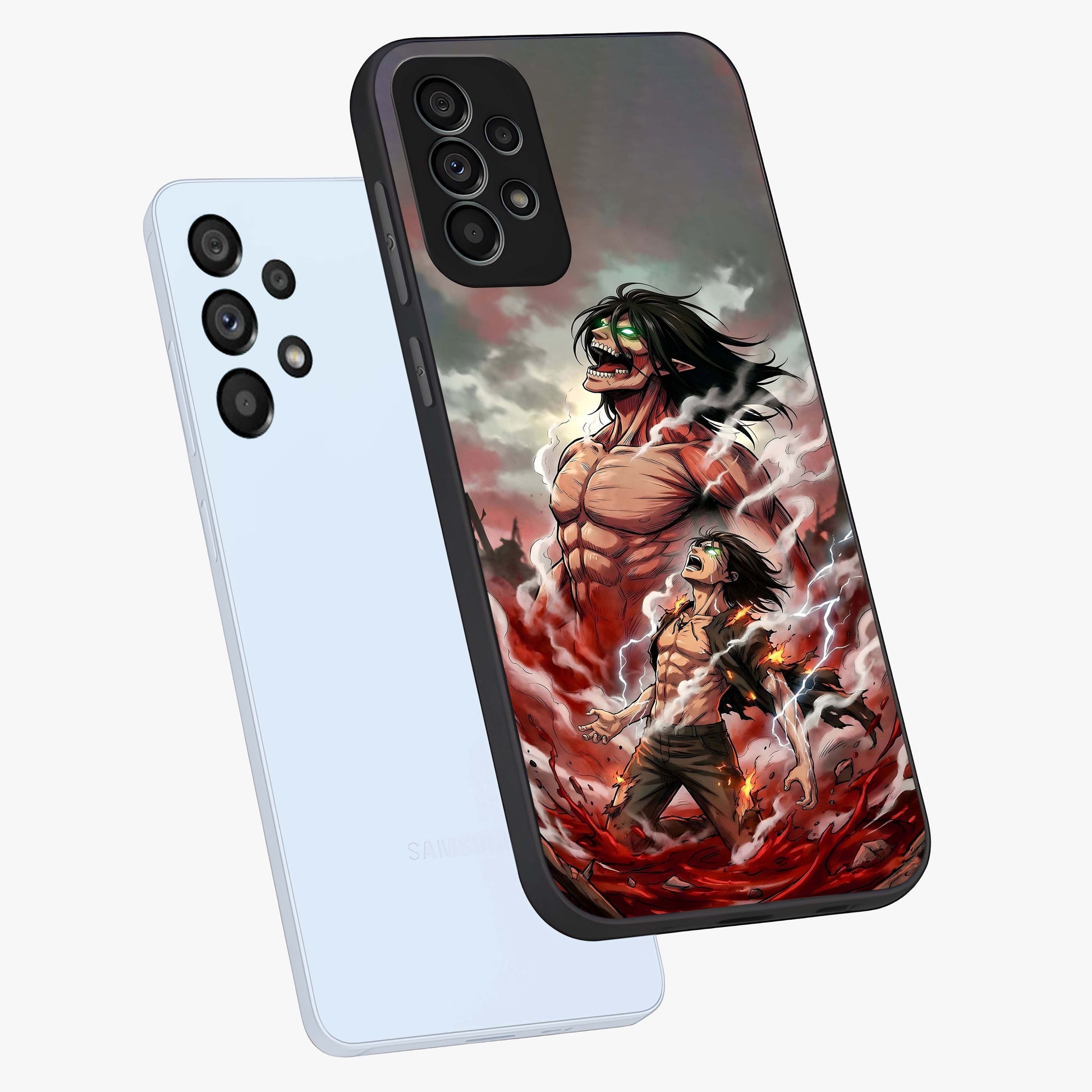 Titan Awakening Fury Glass Case displayed in angled mockup highlighting dramatic giant warrior design with bold anime aesthetic.