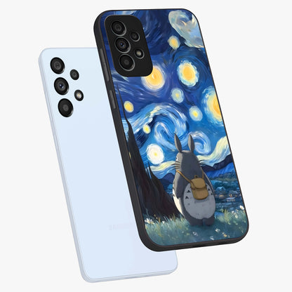 Totoro In Van Gogh Art Glass Case displayed in angled mockup highlighting artistic swirling sky design with playful animation aesthetic.